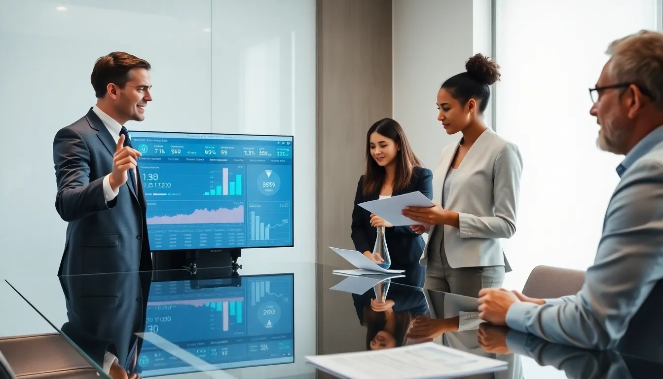 diverse team discussing investment strategies in a modern office.