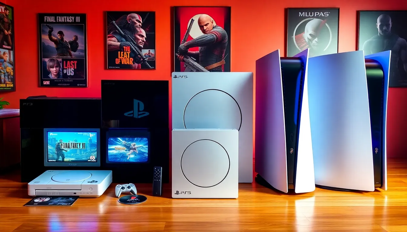 evolution of PlayStation consoles from PS1 to PS5 arranged visually.