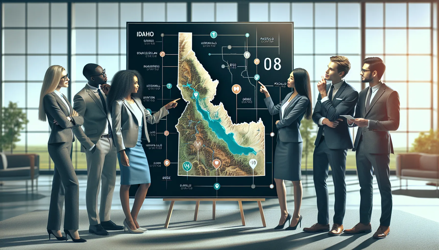 Map of Idaho highlighting the 208 area code with professionals discussing it.