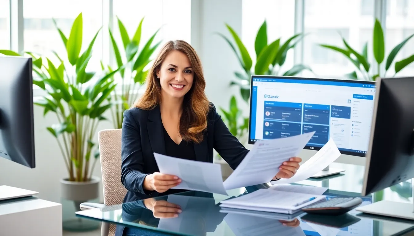 Stacy Klinger reviewing Bitclassic platform in a modern office.