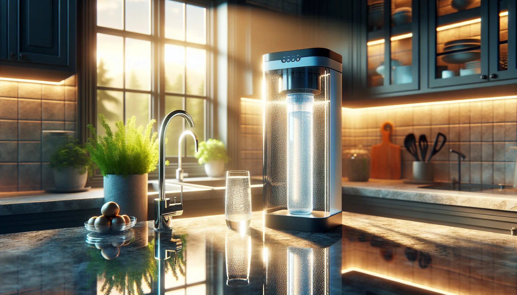 a kitchen scene showcasing a modern water filtration system with purified water.