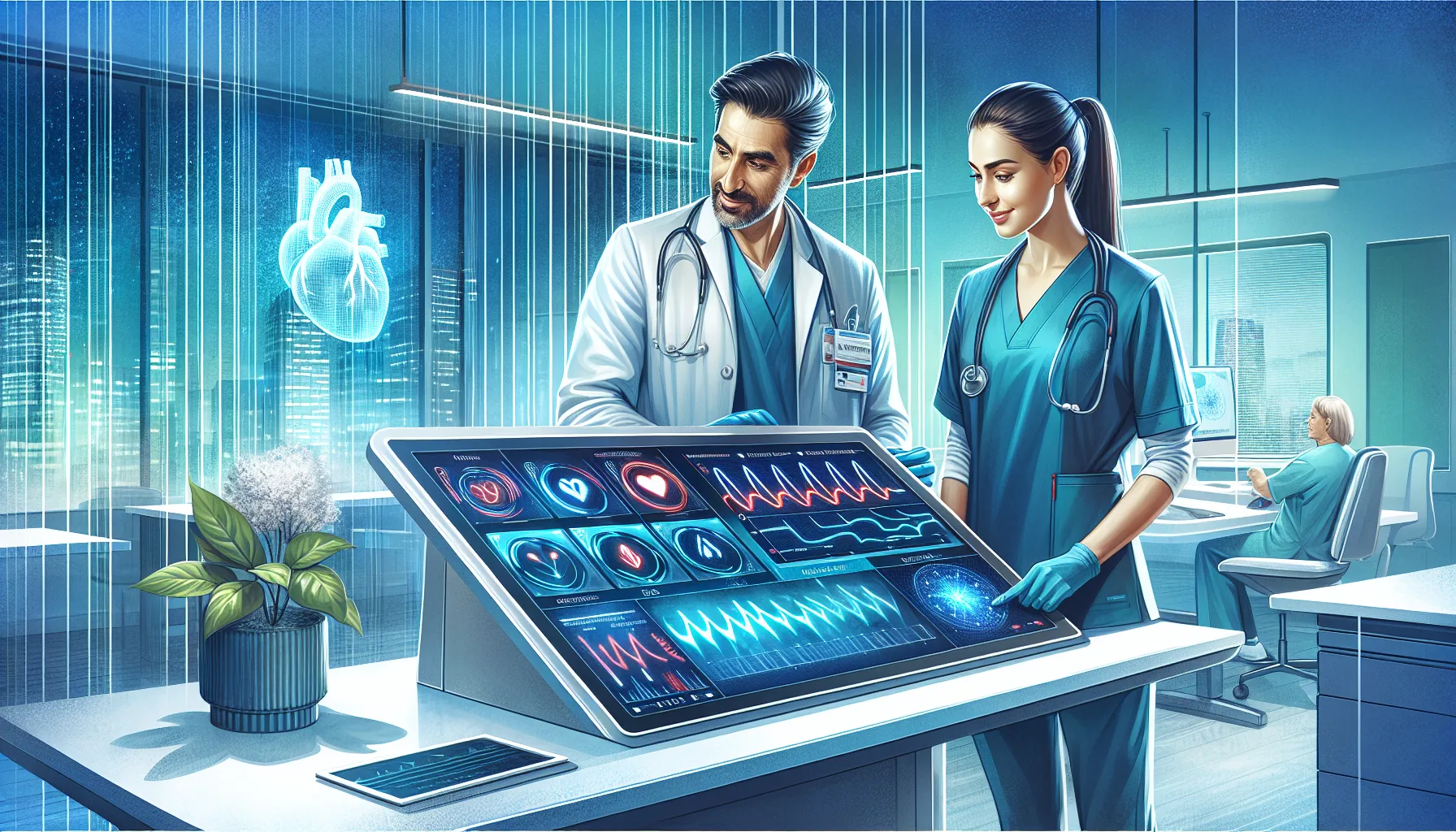 diverse healthcare professionals discussing Intas FFR technology in a modern office.