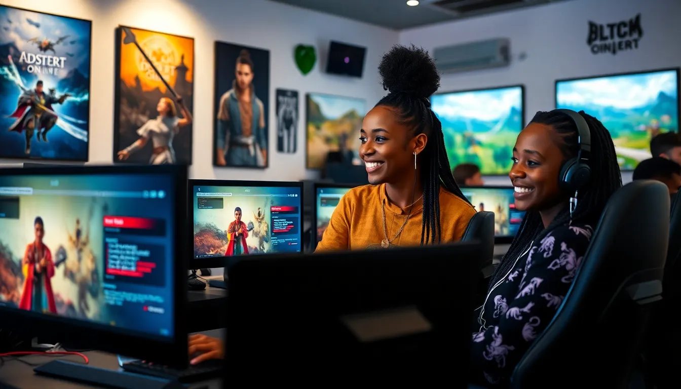 diverse group of gamers in a modern gaming lounge playing Black Desert Online.