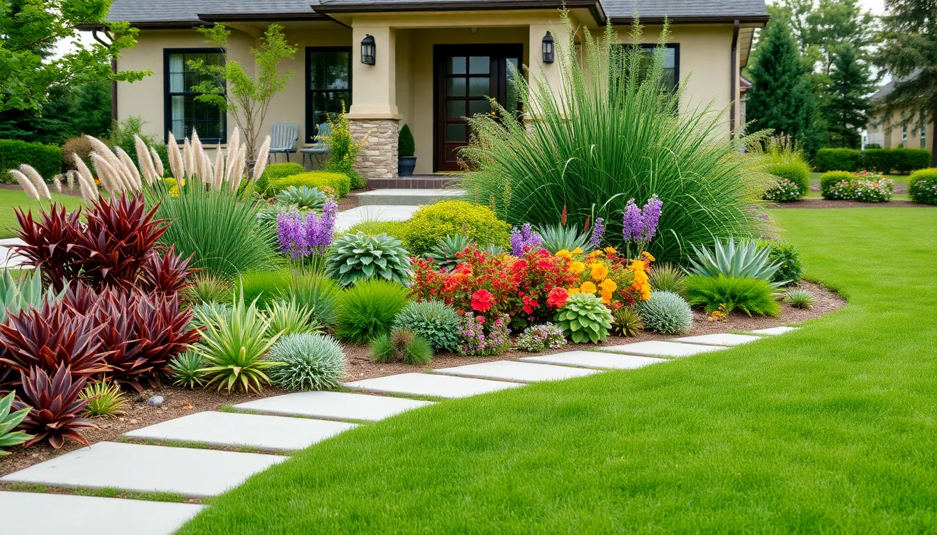 colorful low-maintenance plants in a front yard setting.