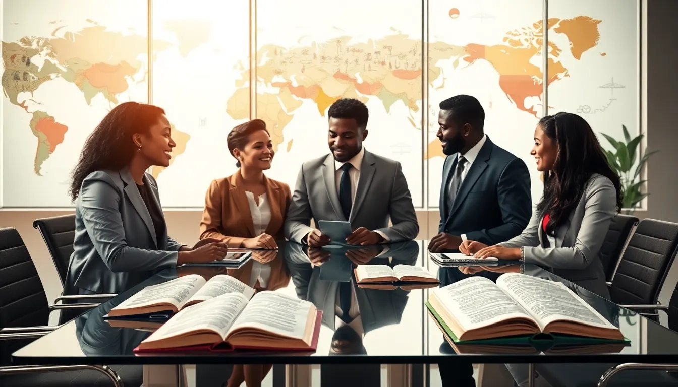 diverse professionals discussing Shardavidian history in a modern office.