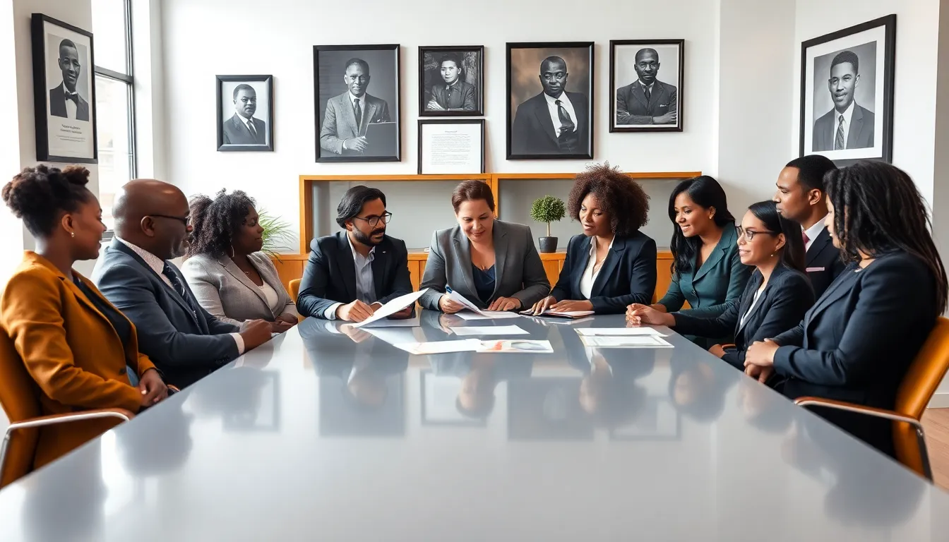 diverse team discussing educational equality in a modern office.