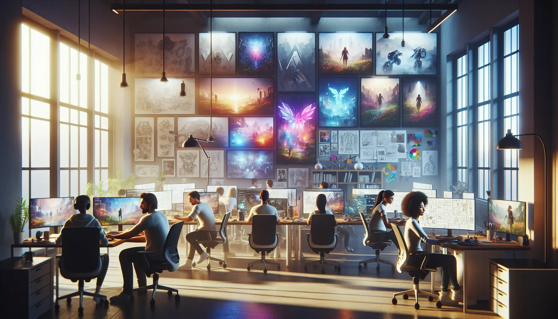 diverse team collaborating in a modern gaming studio.