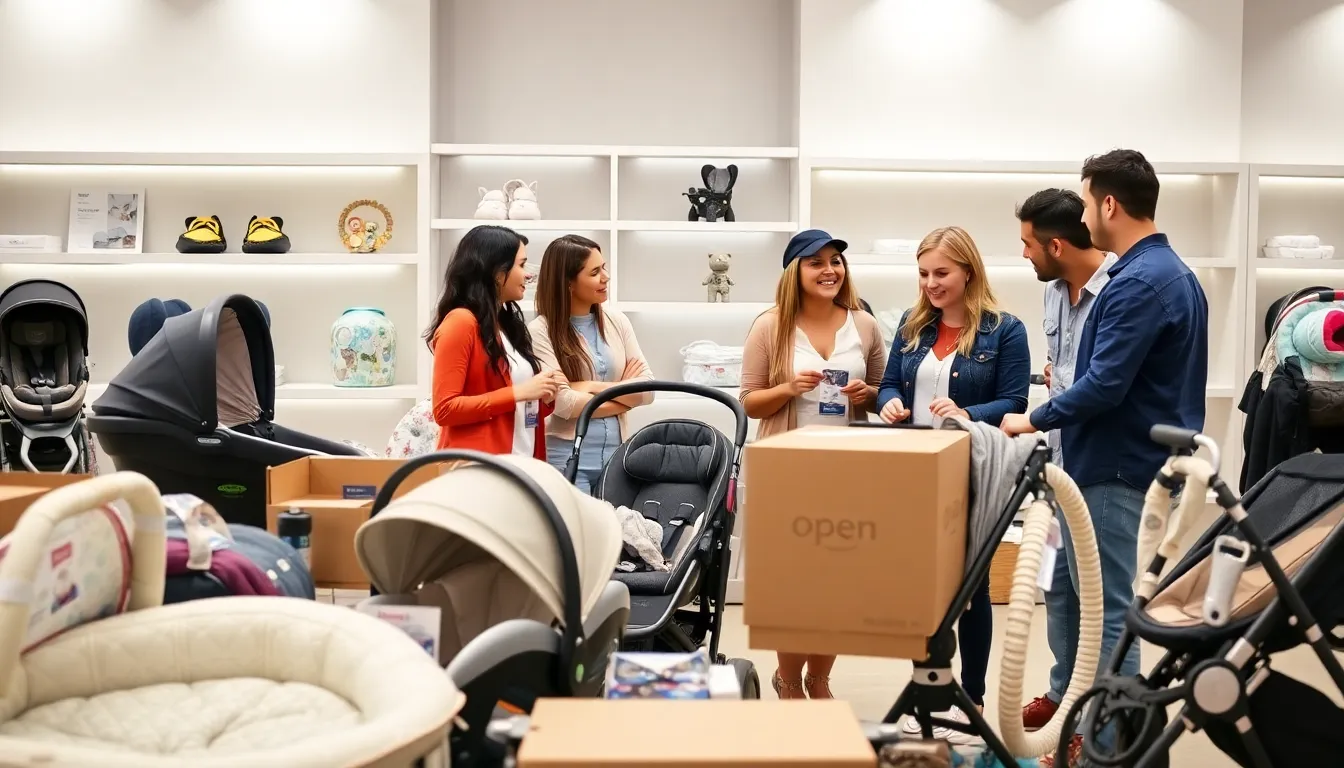 diverse parents examining open box baby gear in a modern store.