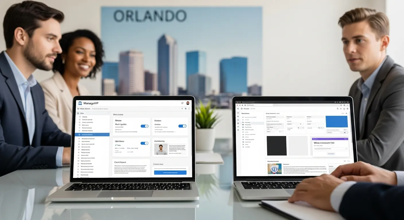 Team comparing ManageWP dashboard and WordPress wp-admin screens in a modern office.