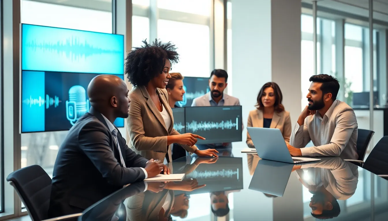 professionals collaborating on digital audio and video content in a modern office.