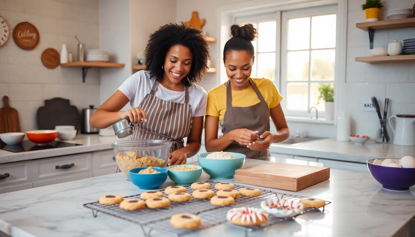 two diverse bakers creating cookies in a warm kitchen.