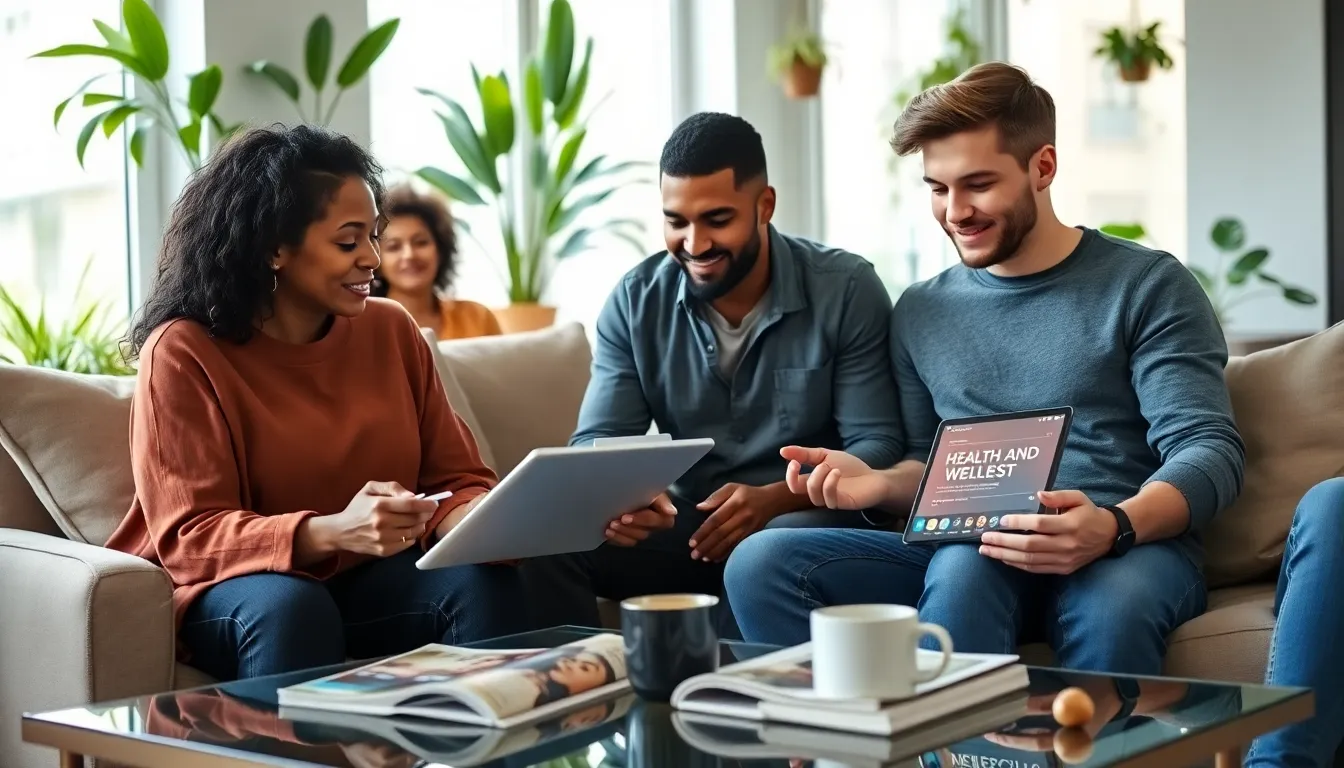 diverse group listening to a health and wellness podcast in a cozy setting.