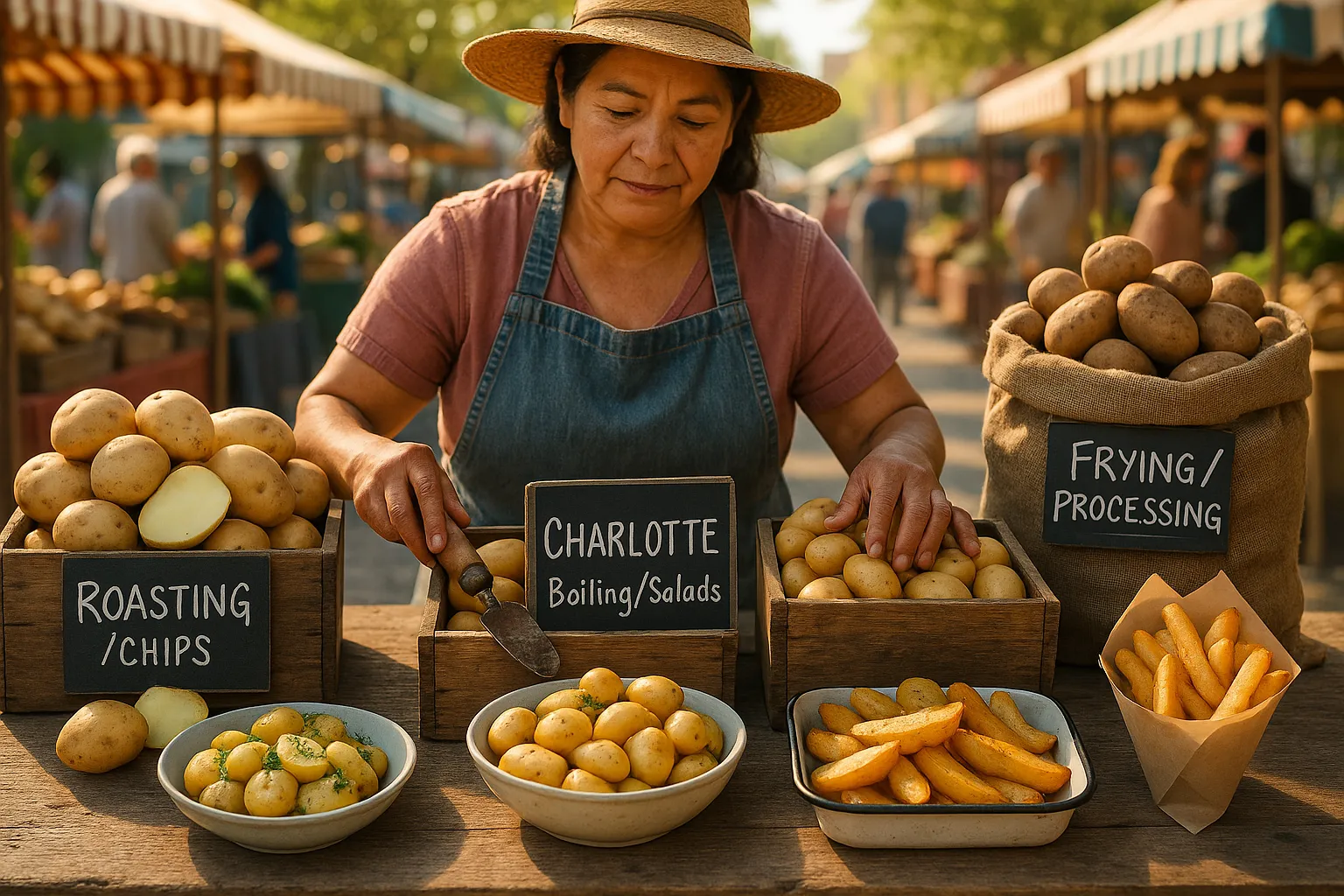 vendor arranging labeled potato varieties with salad, roast, and chips examples