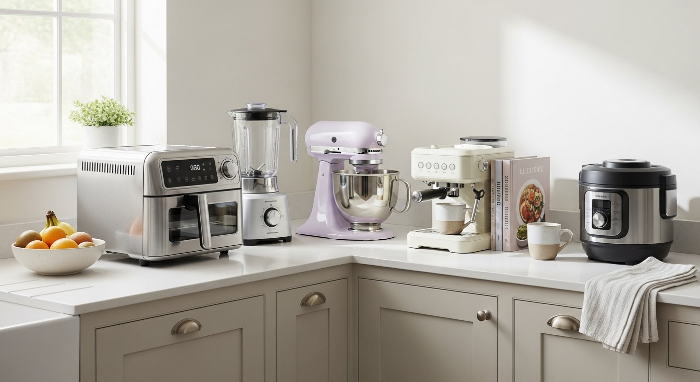 Modern home kitchen with top-rated appliances on a clean counter.
