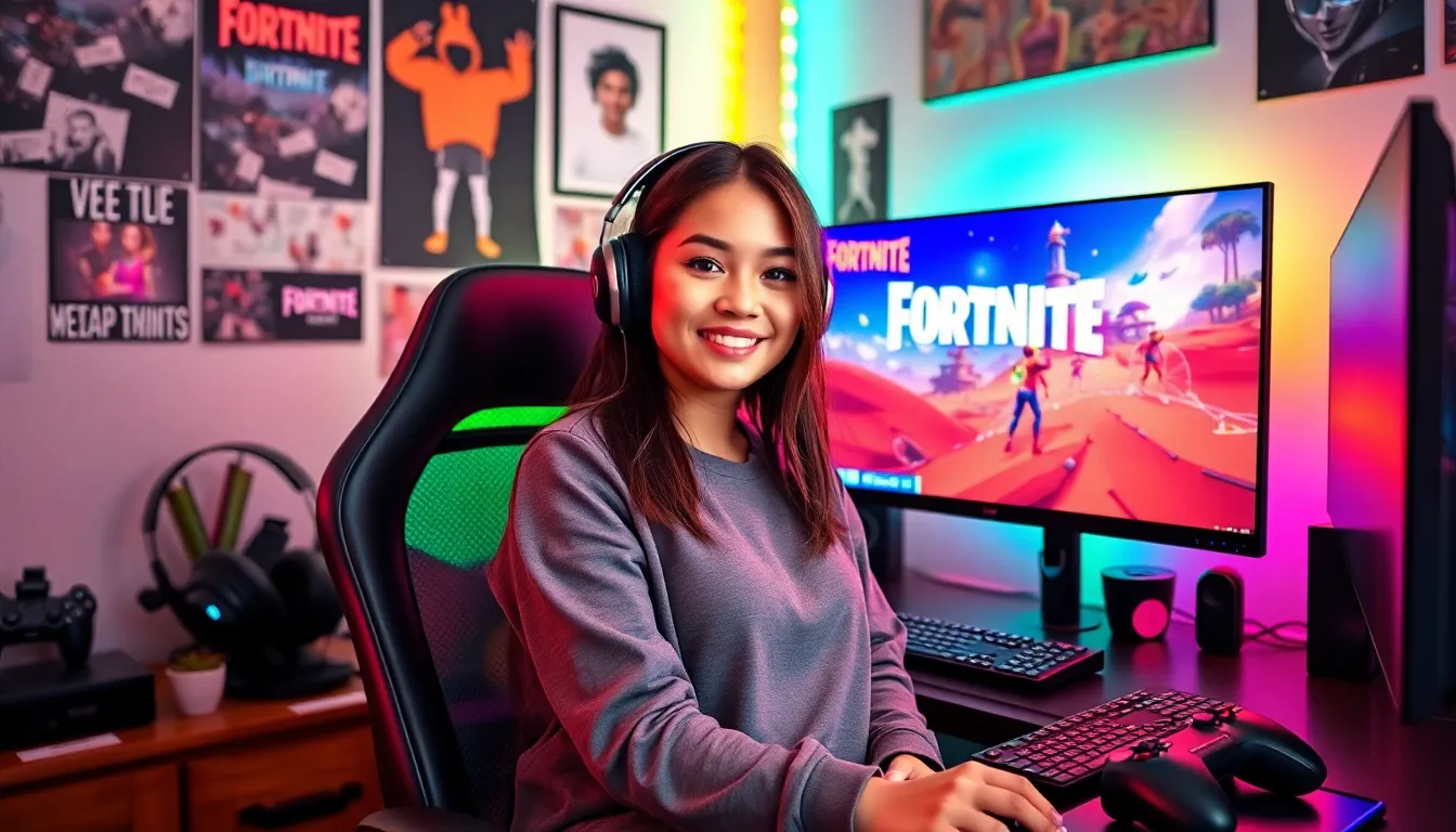 Gia, a Fortnite player, in her vibrant gaming setup.