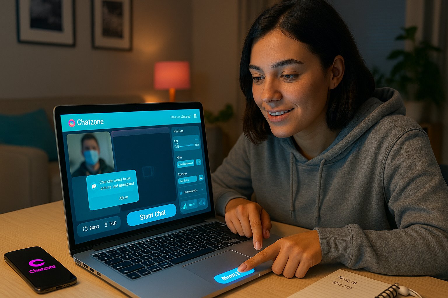 Person at laptop pressing Start Chat with Chatzone UI visible