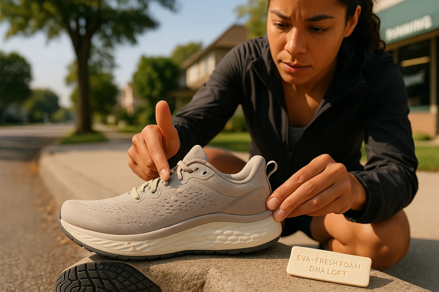 runner checking a shoe fit and midsole cushioning on a curb