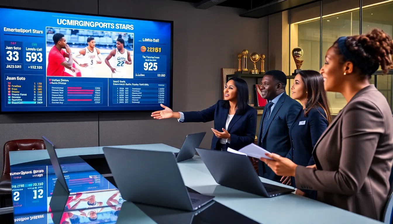 sports analysts discussing trends in a modern conference room.