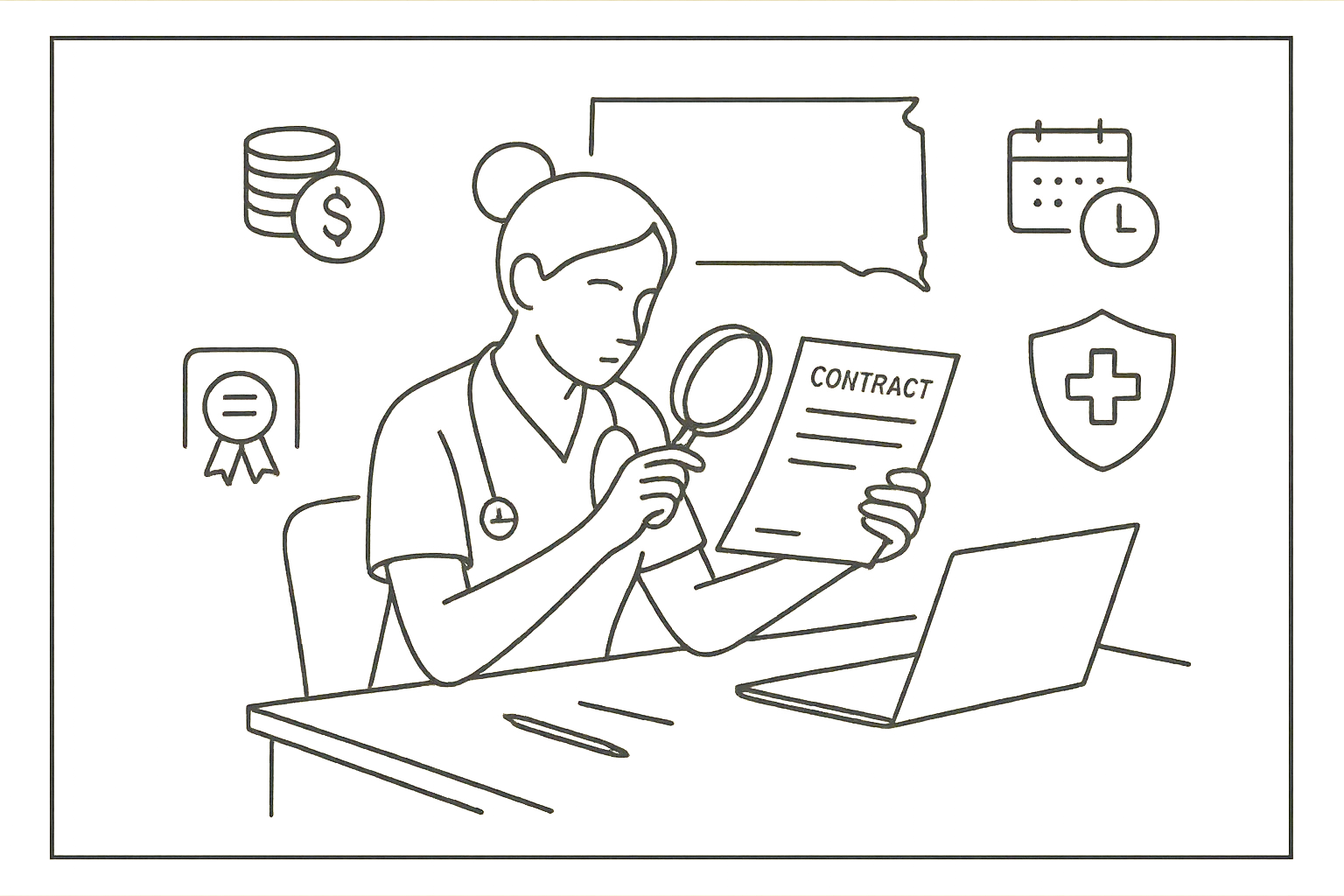 Nurse practitioner at desk reviewing a contract with South Dakota map and icons.