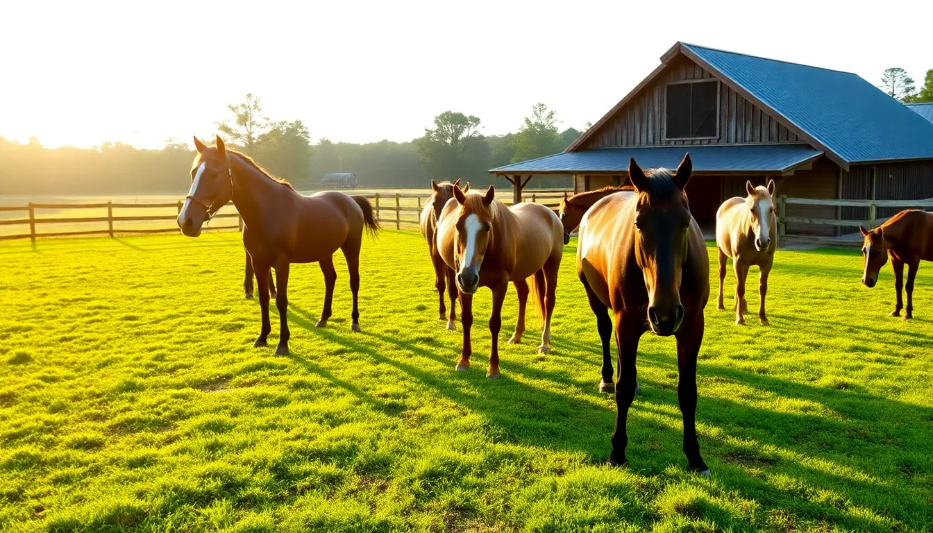 horses grazing in a peaceful retirement home setting.