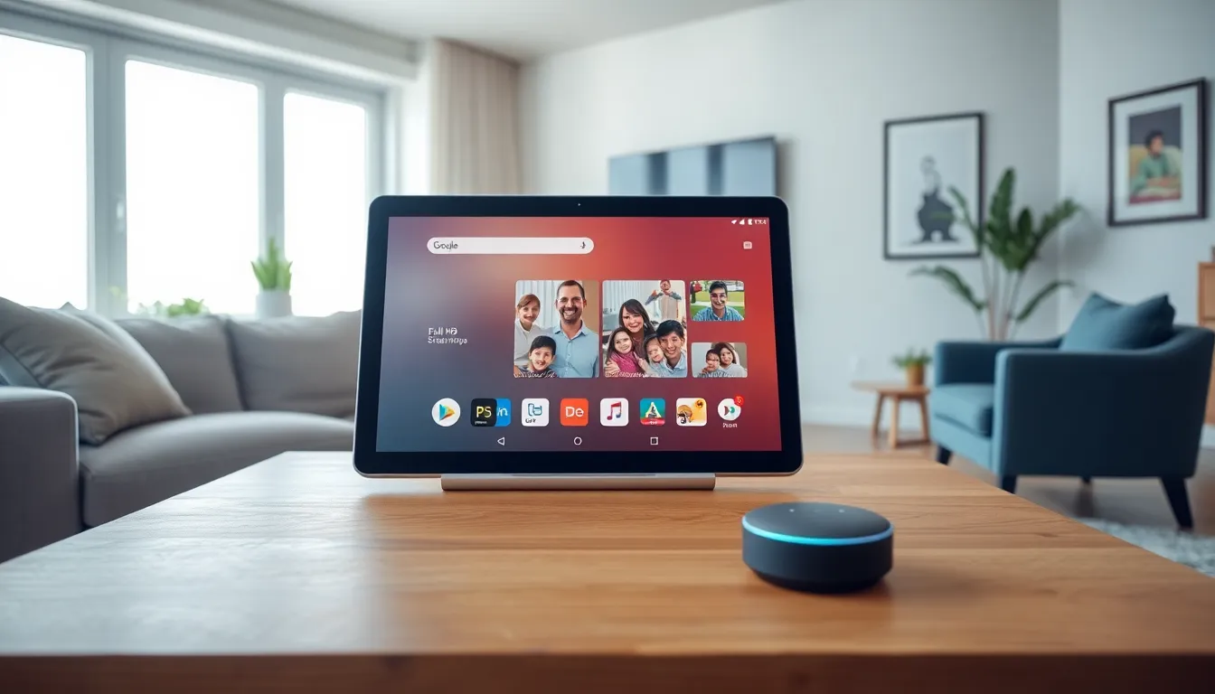 A Google Home Tablet displayed in a modern living room setting.