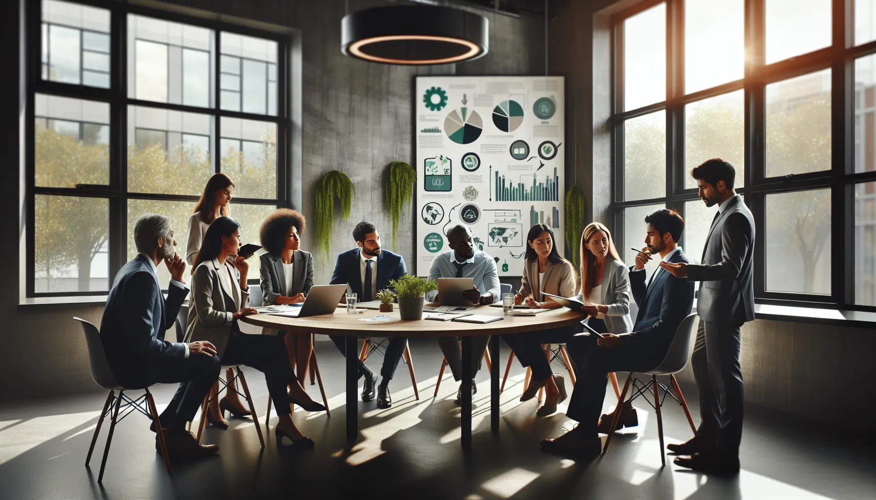 diverse team collaborating on sustainability initiatives in a modern office.