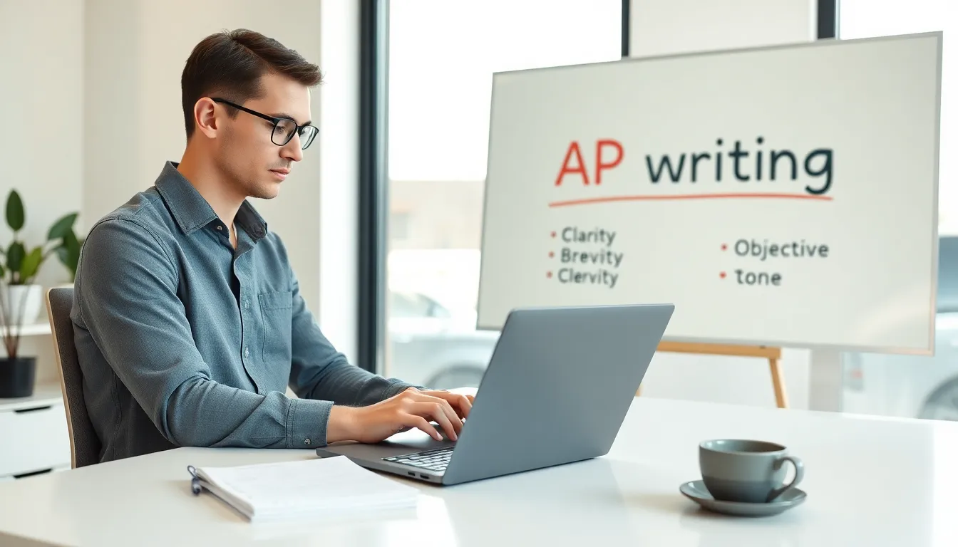 writer focused on AP writing guidelines at a modern desk.