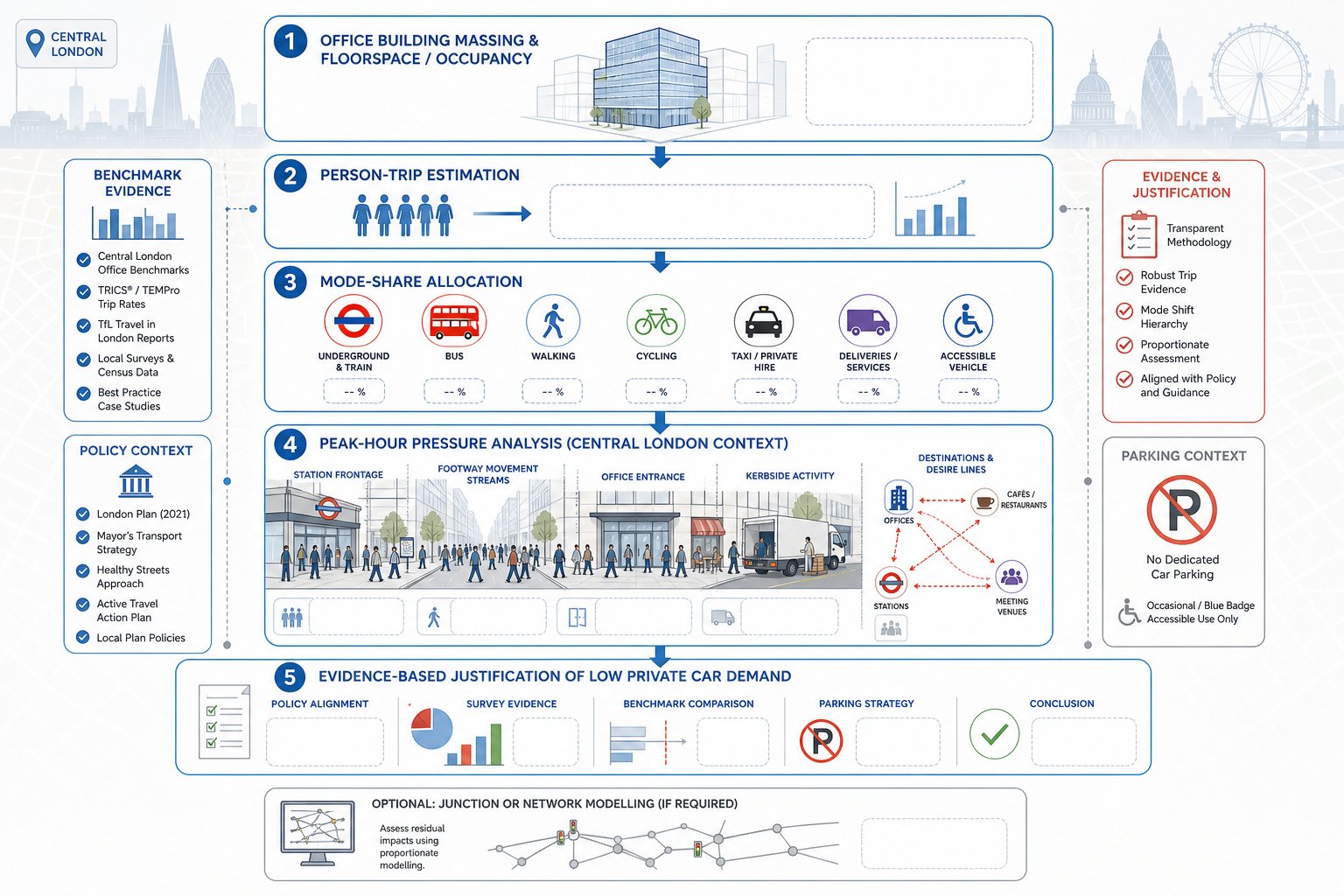 Infographic of trip generation for a car-free Central London office development.