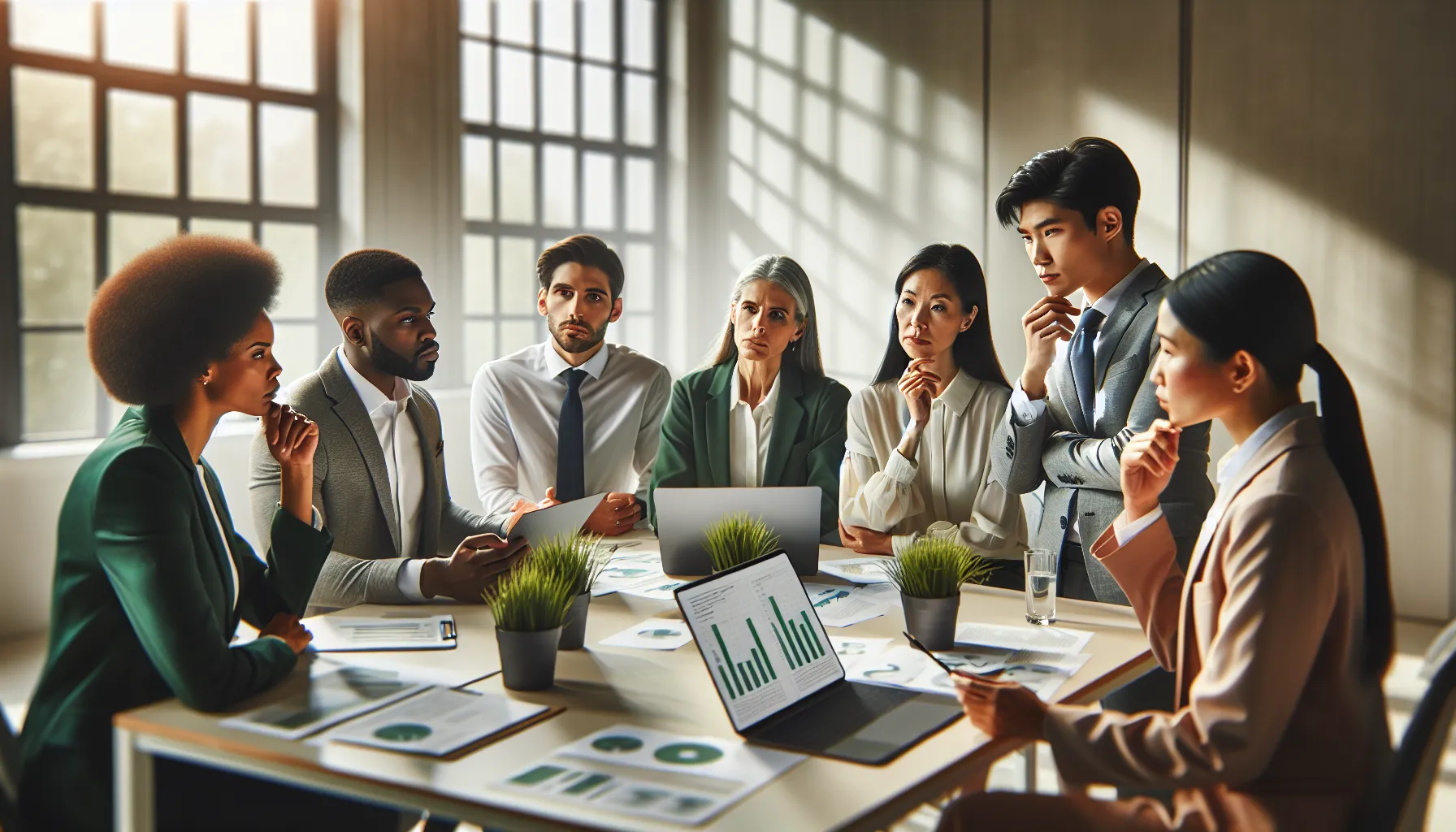 diverse team discussing sustainability in a modern conference room.