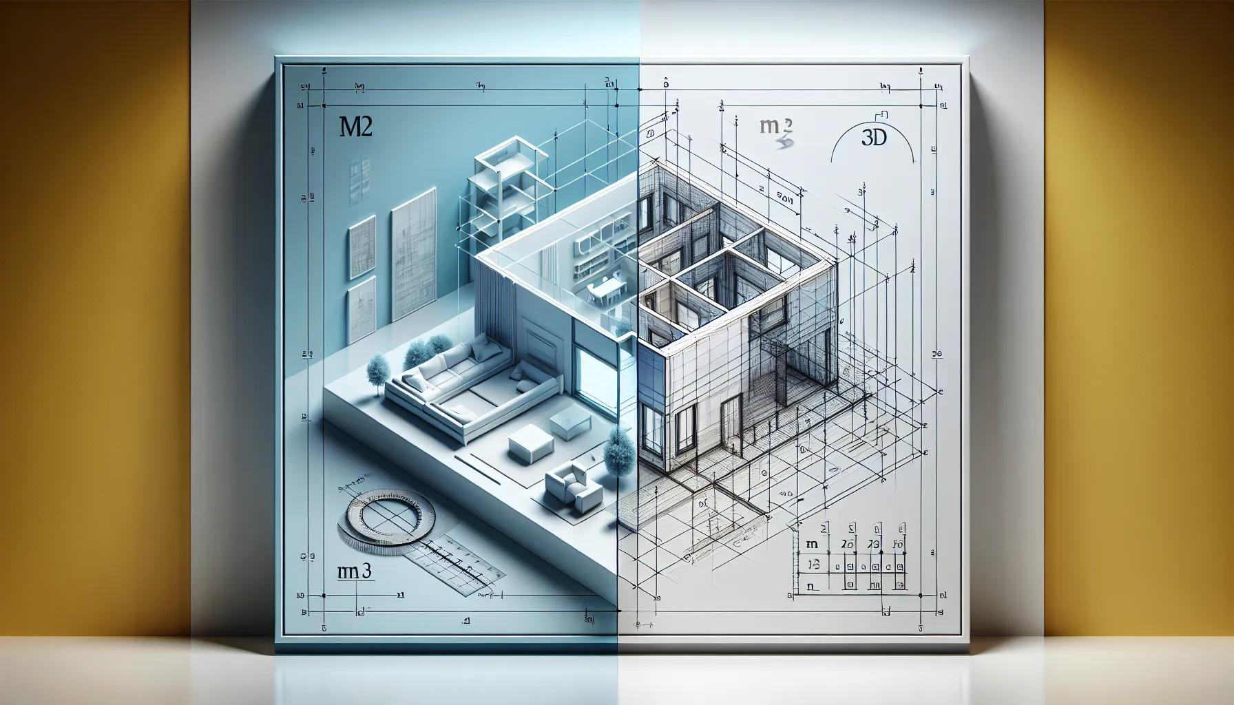 Split-screen illustration showing 2D floor plan and 3D room wireframe with measurements.