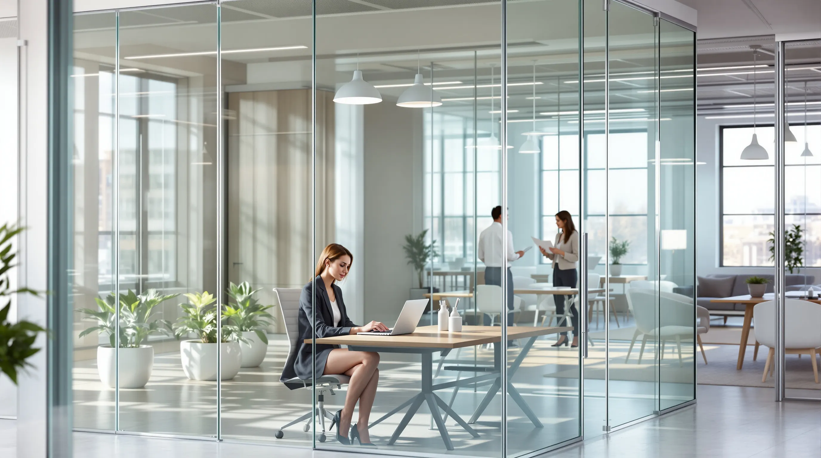 Modern office with floor-to-ceiling glass partitions allowing natural light to flow through workspace.
