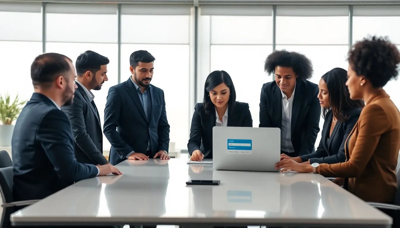diverse team discussing login process at a modern conference table.