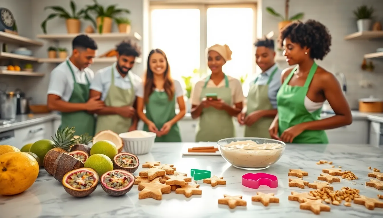 diverse bakers making tropical-flavored cookies in a modern kitchen.