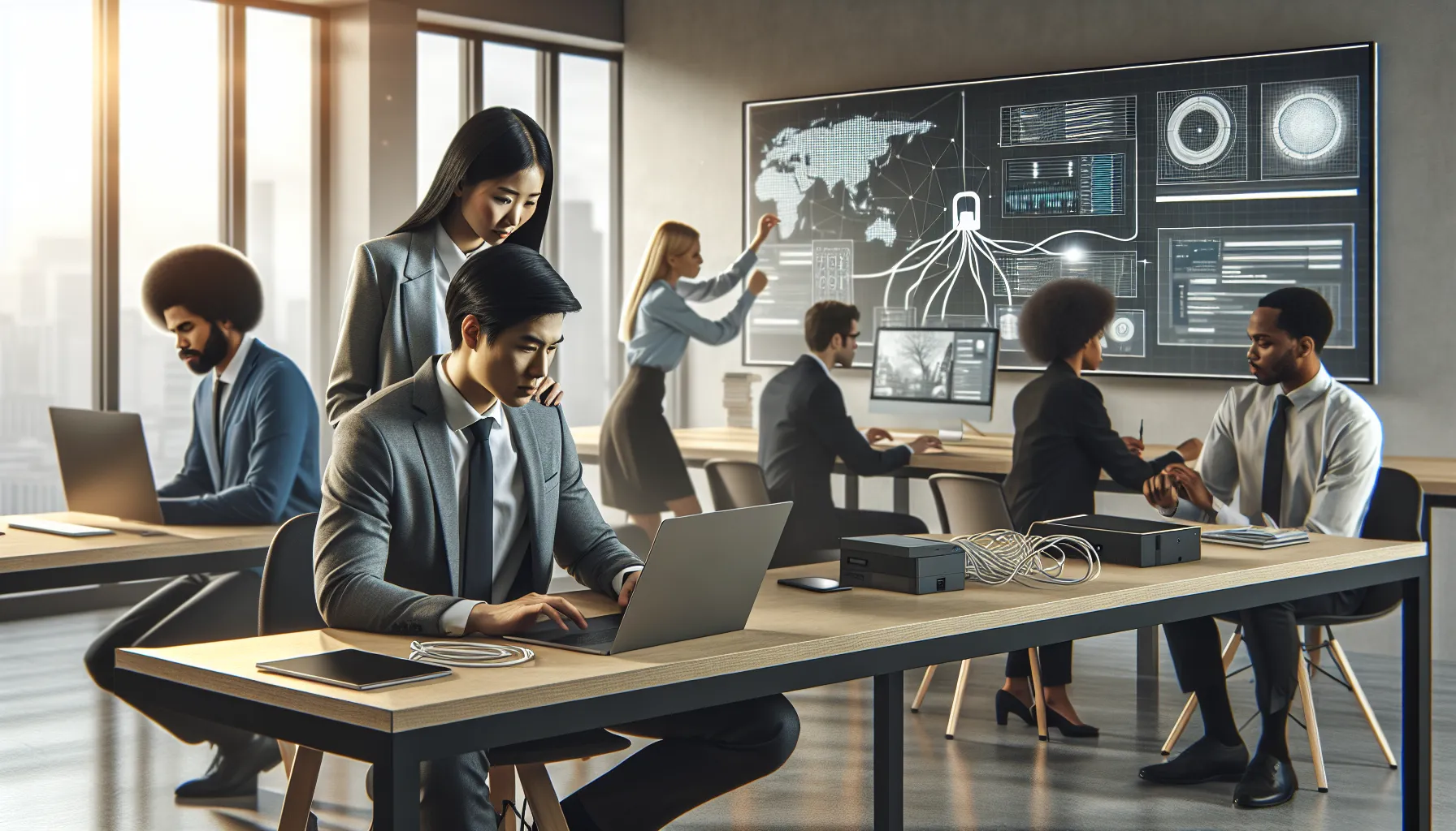 IT professionals diagnosing network issues in a modern office.