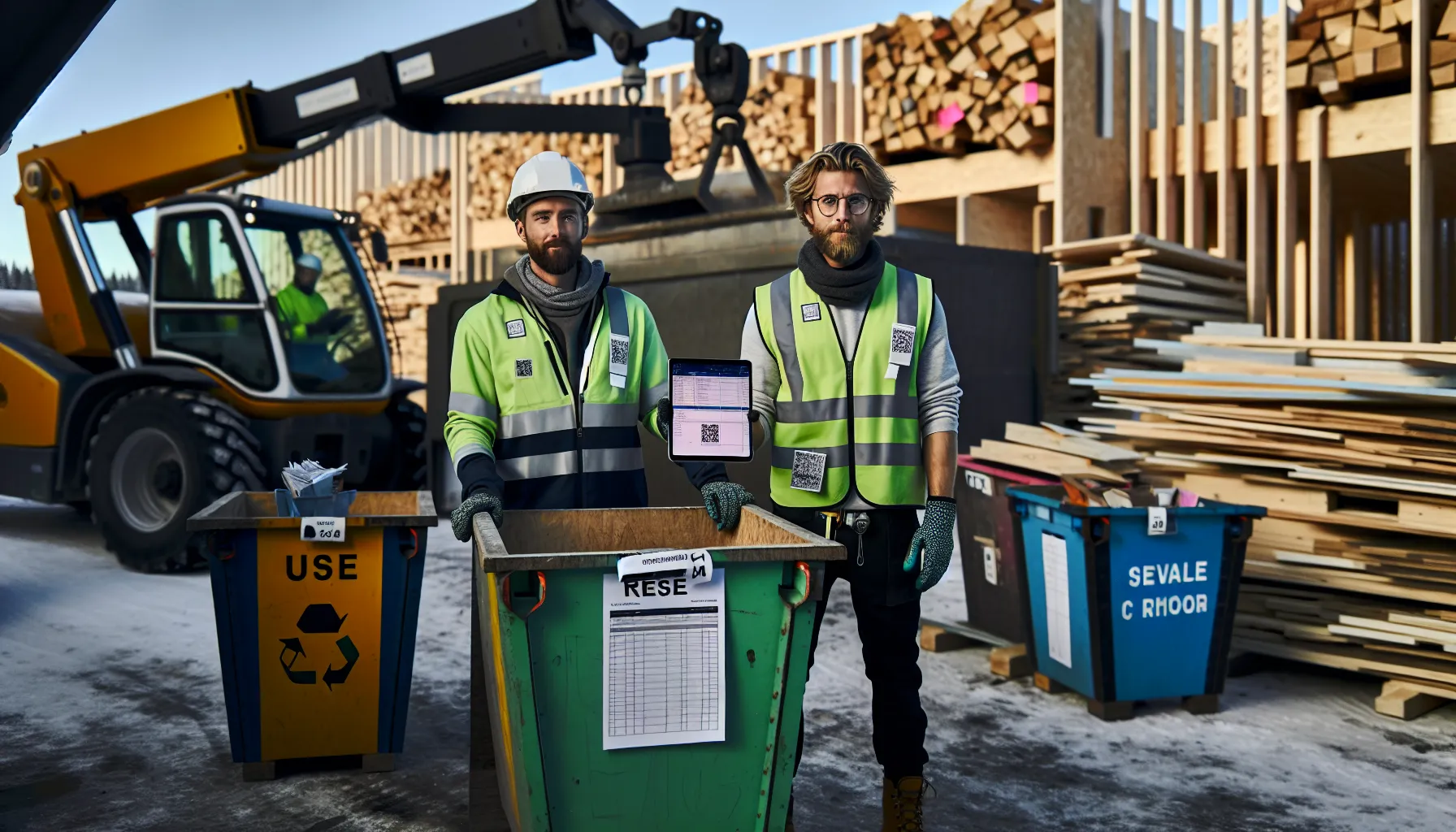 Site manager scans labeled recycling skips at a norwegian construction site.