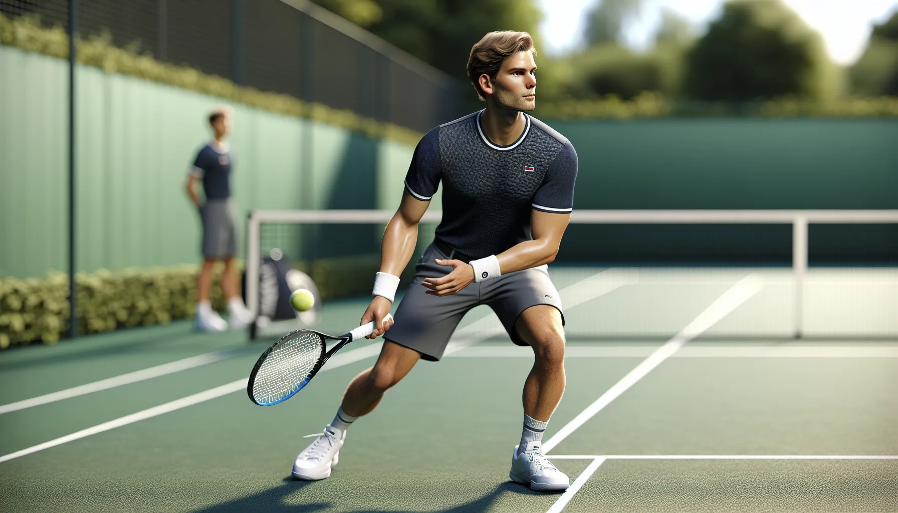 Norwegian tennis player demonstrating continental grip and side-on serve stance on court.