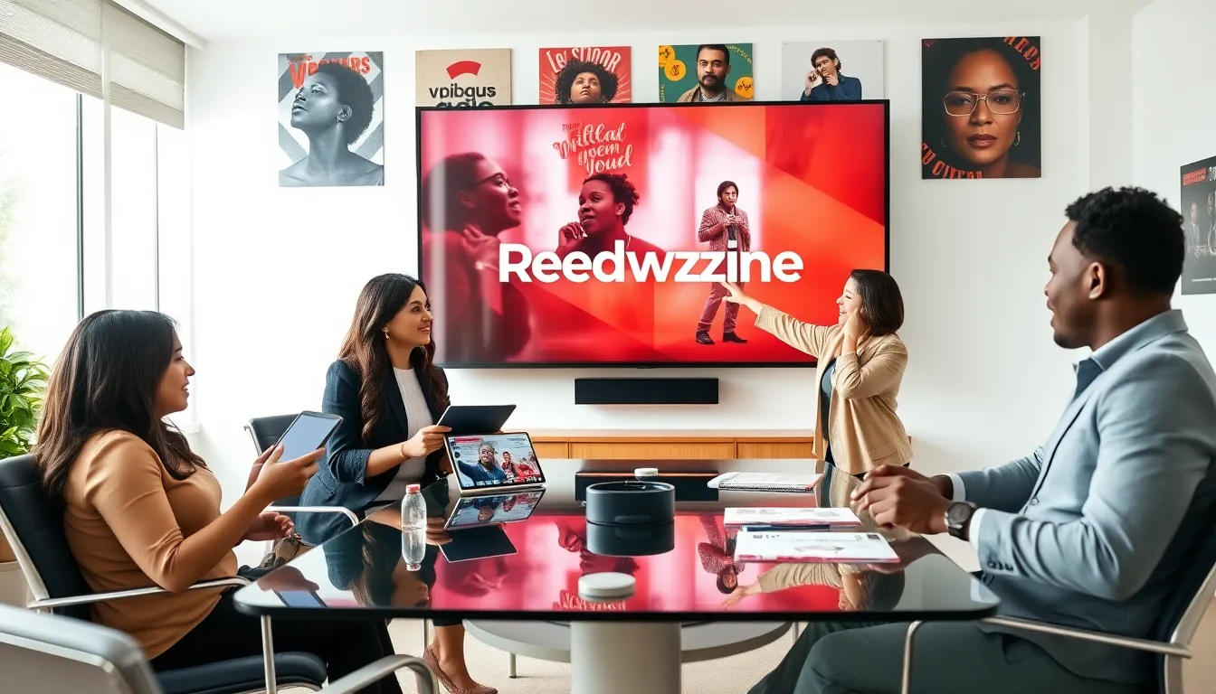 diverse team discussing entertainment trends in a modern office.