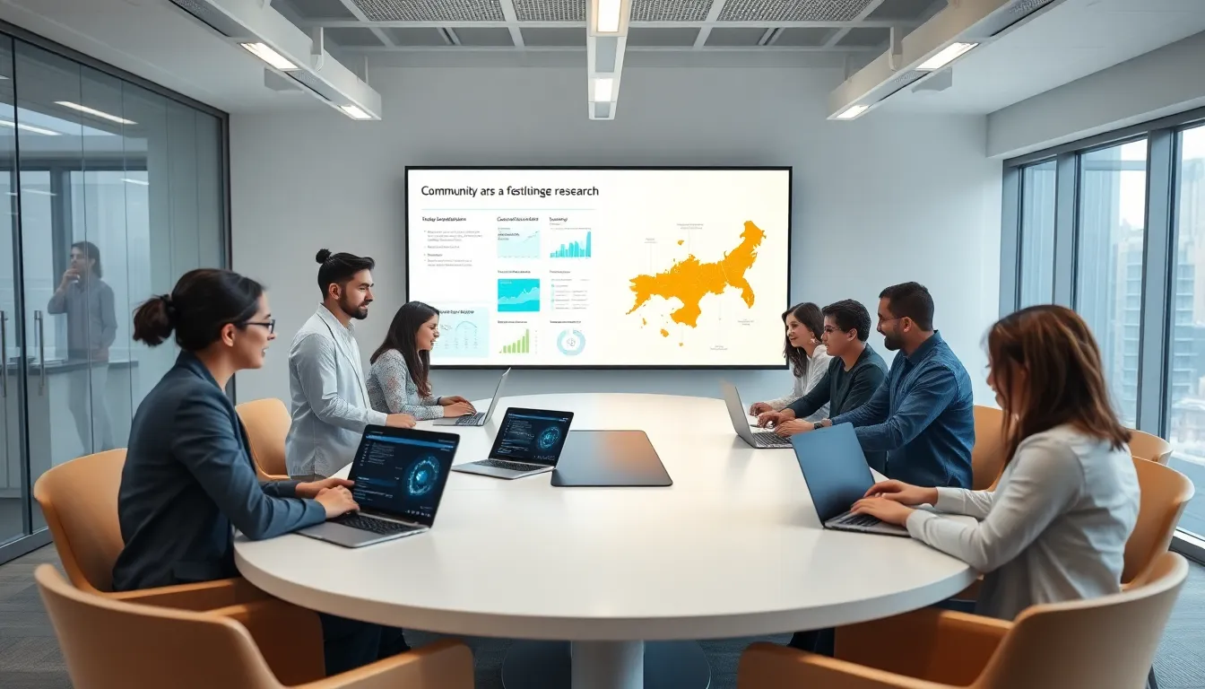 diverse researchers collaborating in a modern office setting.