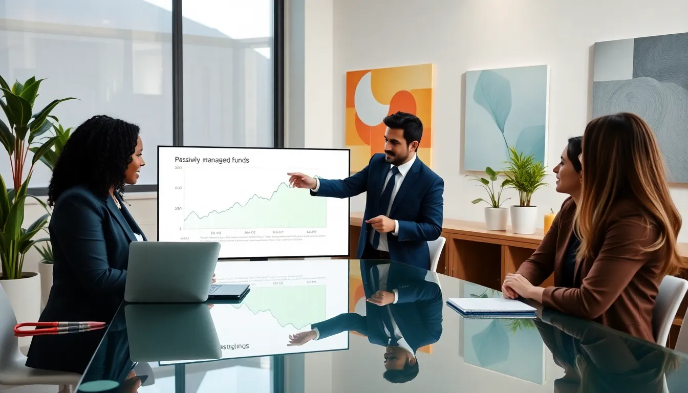 diverse financial team discussing passively managed funds in a modern office.