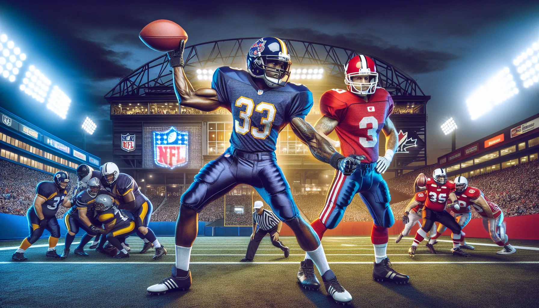 NFL and CFL players showcasing football culture in a vibrant stadium setting.