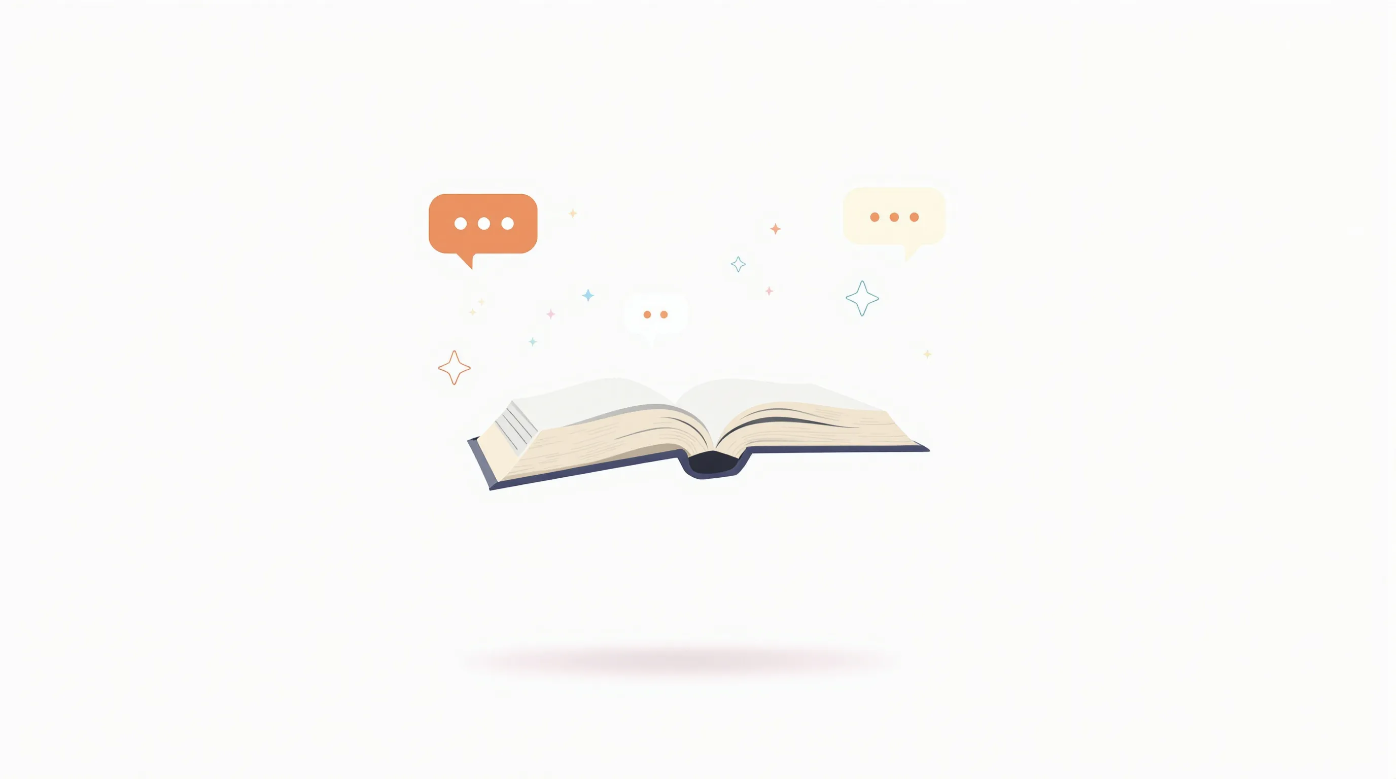 Open book with minimalist speech bubbles on clean white background.