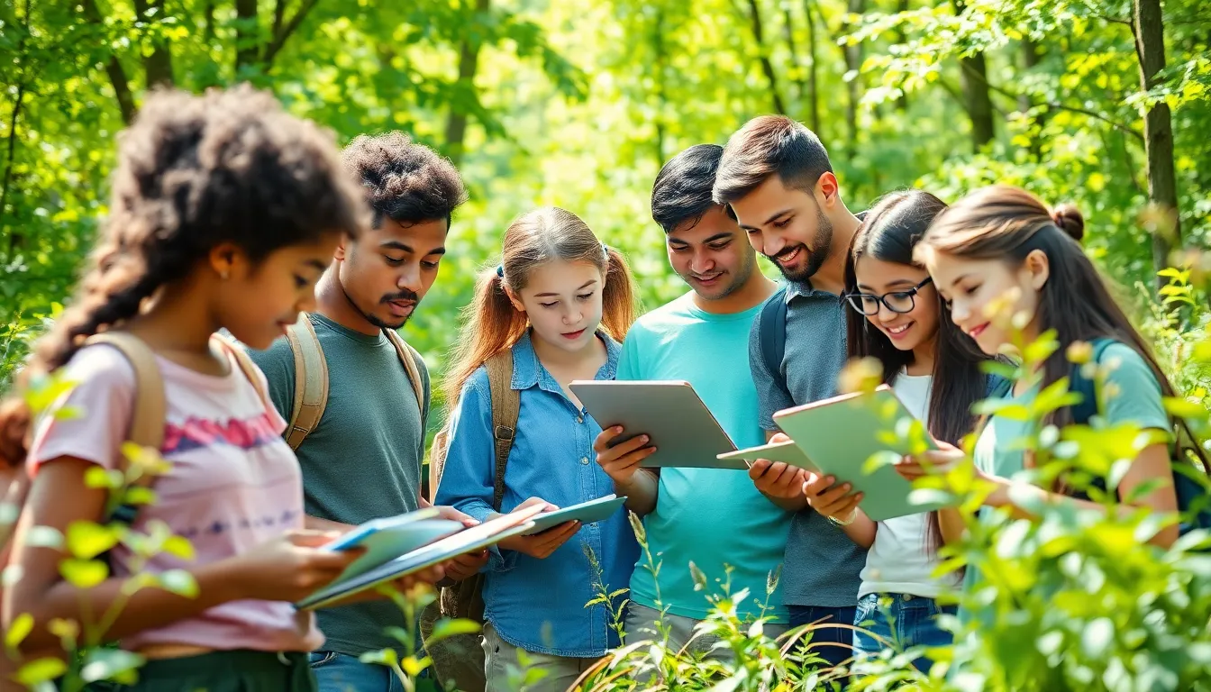 diverse students exploring nature during an outdoor high school class.