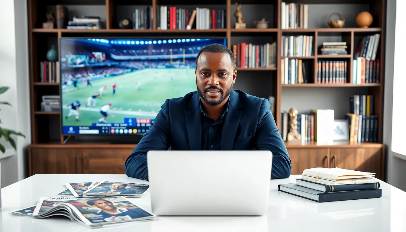 sports journalist David Jones working in a modern office.