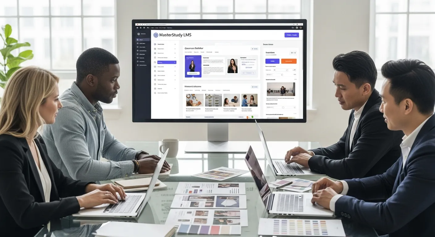 Professionals reviewing a branded WordPress LMS course builder on a modern office screen.