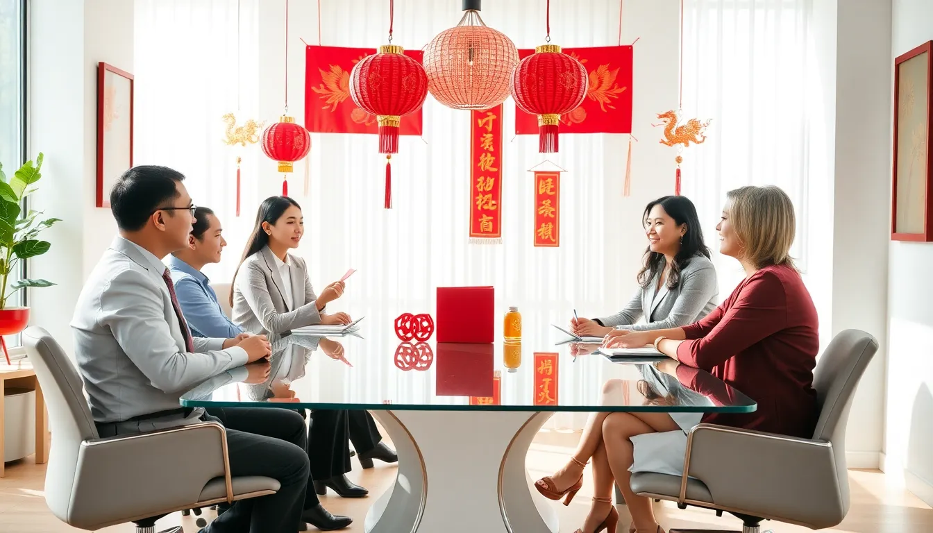 diverse team discussing Chinese luck symbols in a modern office.