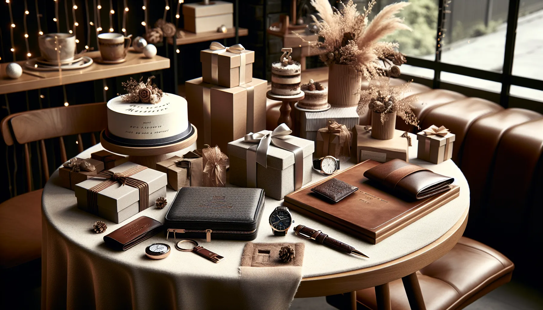 Various thoughtful gifts for men displayed on a modern workspace table.