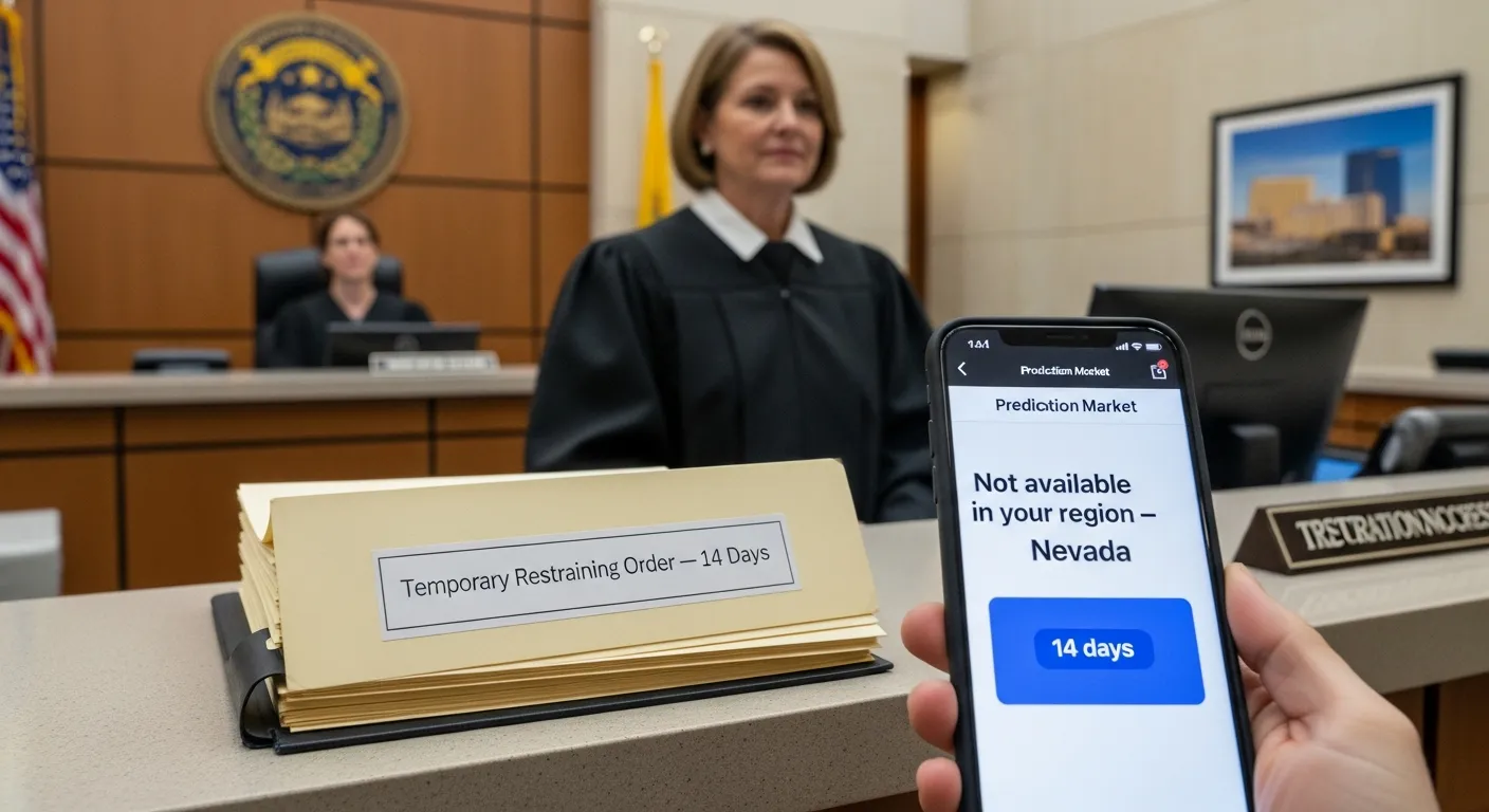 Phone shows Nevada access blocked message beside a 14-day court order file.