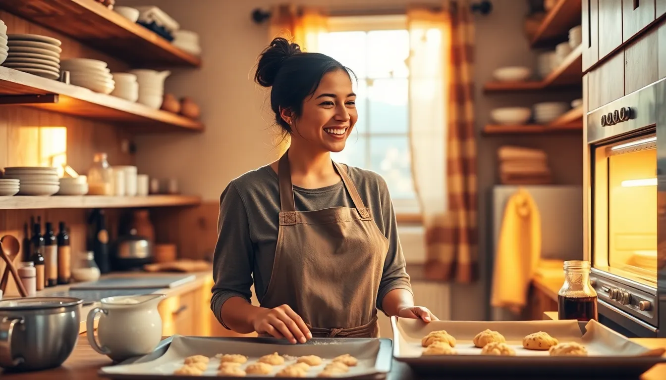 A young woman baking cookies in a cozy kitchen.