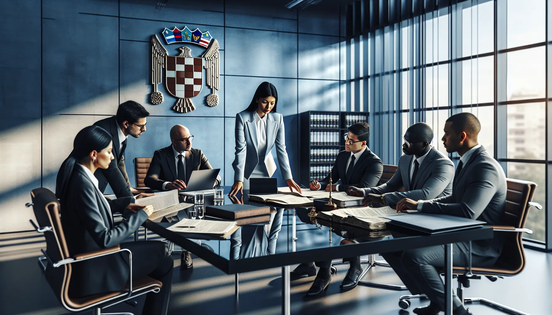Legal professionals discussing restraining orders in a modern Croatian law office.