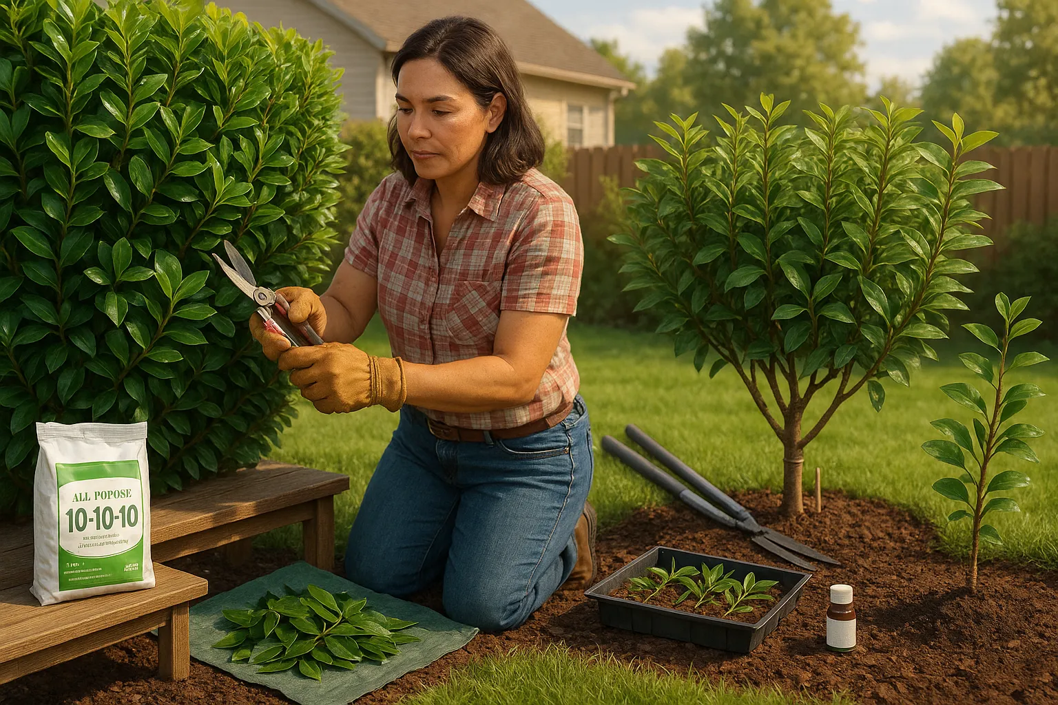 Gardener pruning cherry and Portugal laurel hedges with tools and mulch nearby.